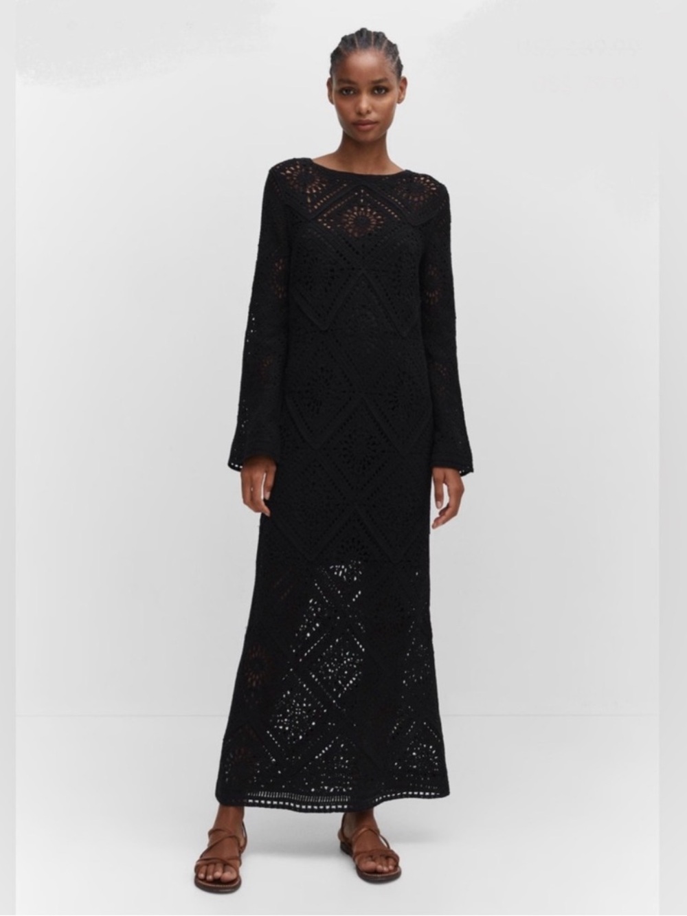 Mango Black Flared Sleeve Crochet Maxi Dress
